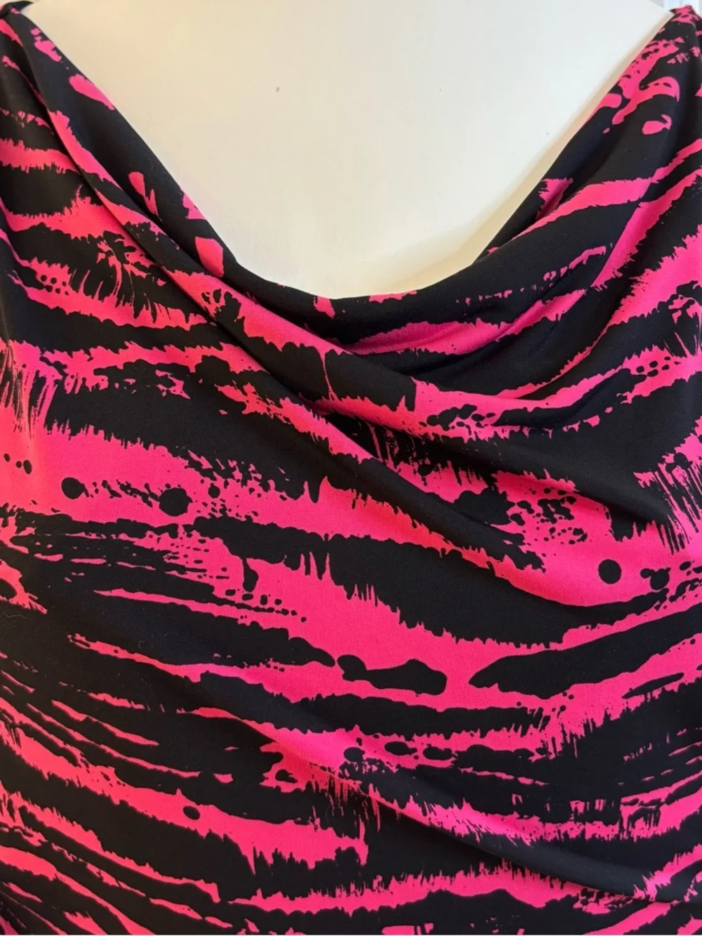 Michael Kors Top Black Pink Tiger Animal Cowl-Neck Ruched medium stretch casual